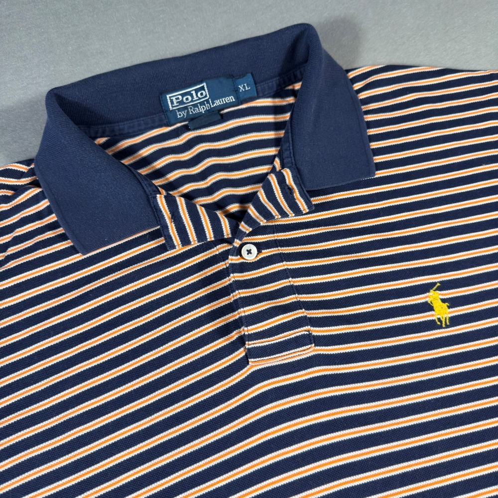 Polo Ralph Lauren Mens XL Pima Cotton Striped Polo Shirt Navy Orange Yellow Pony